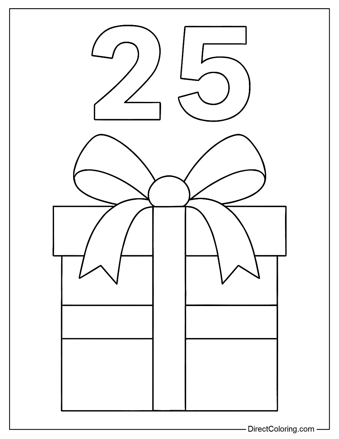 Number 25 Coloring Page with gift boxes and bows like a birthday present